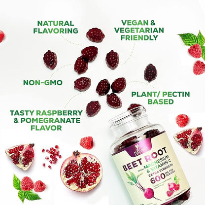 Beet Root Supplement Gummies with Vitamic C & Magnesium - Energy Heart Health Support, Supports Nitric Oxide Production - Gluten Free, Non-GMO Beets Root Gummy - Pomegranate Berry Flavor - 60 Gummies