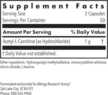 Allergy Research Group Acetyl-L-Carnitine 500mg Supplement - Metabolism and Energy Support, ALC, Free Form Amino Acid, Vegetarian Capsules - 100 Count