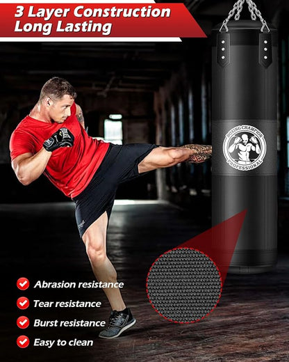 Punching Bag for Adults, 4FT PU Heavy Boxing Bags with Chain Ceiling Hook, Hanging Boxing Bag for Kickboxing Muay Thai Karate Judo Taekwondo Home Gym Training, Unfilled