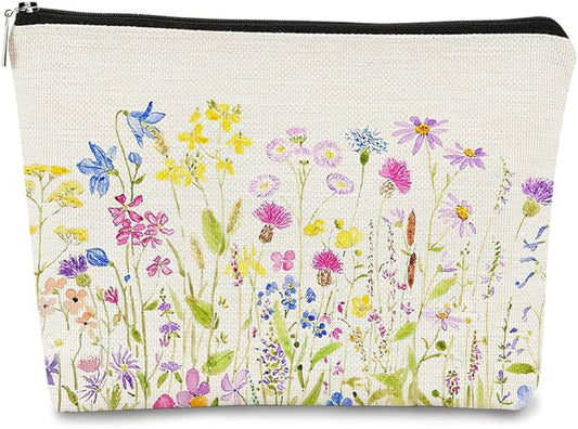Cottagecore Watercolor Wildflowers Colorful Meadow Flowers Makeup Bag,Colorful Floral Cosmetic Bag Best Gift Idea for Flower Lovers Girls Women Mom,Birthday Mother's Day Gifts for Mom
