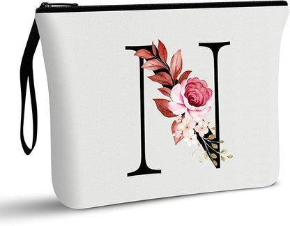 Vavabox A-Z Personalized Makeup Bag, Birthday Gifts for Women Mom, Gifts for Best Friend, Bride Bridesmaid Cosmetic bag (N, White)