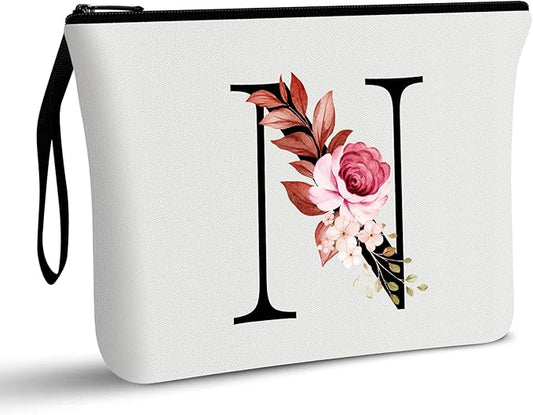 Vavabox A-Z Personalized Makeup Bag, Birthday Gifts for Women Mom, Gifts for Best Friend, Bride Bridesmaid Cosmetic bag (N, White)
