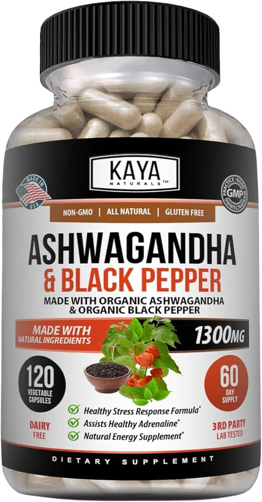 Kaya Naturals Organic Ashwagandha 1300mg, 120 Count Capsules for Stress Relief, Adrenal, Mood & Thyroid Support, Black Pepper and 100% Pure Ashwagandha -120 Capsules