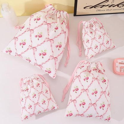 LYDZTION 4pcs Floral Drawstring Makeup Bags Pouches For Purse, Small Canvas Cloth Gift Bags Pouch For Cosmetics Jewerlry Home Travel Storage,Rose Bow