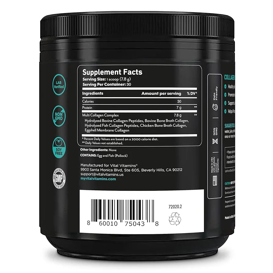 Vital Vitamins Multi Collagen Peptides Powder - Unflavored, Easy to Dissolve - Type I, II, III, V, X - for Women & Men - Promotes Hair, Skin, Nails, & Joint Health - 30 Servings