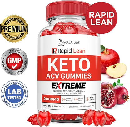 Rapid Lean Keto ACV Gummies Extreme 2000MG Rapid Lean Keto Gummies Apple Cider Vinegar Formulated with Pomegranate Beet Juice Powder B12 Vegan Non GMO 60 Gummys