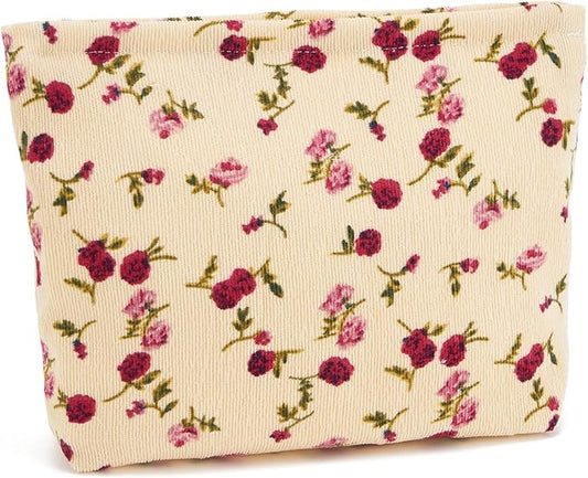 WOZEAH Floral Corduroy Makeup Bag for Purse Small Cosmetic Pouch,Stylish Zipper Make up Pouch Travel Canvas Toiletry Bags(Beige Rose)