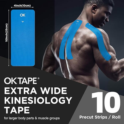 OK TAPE Extra Wide Kinesiology Tape, Precut K Tape Strips, Elastic Physical Therapy Athletic Tape for Pain Relief & Joint Support | Back, Shoulder, Knee (4" x 10" - 20Pcs) Blue