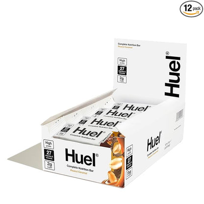 Huel Complete Nutrition Vegan Protein Bars | Peanut Caramel | 13g Protein, 27 Vitamins and Minerals, 2g Sugar, Non-GMO, 100% Plant Based Snack | 12 Pack