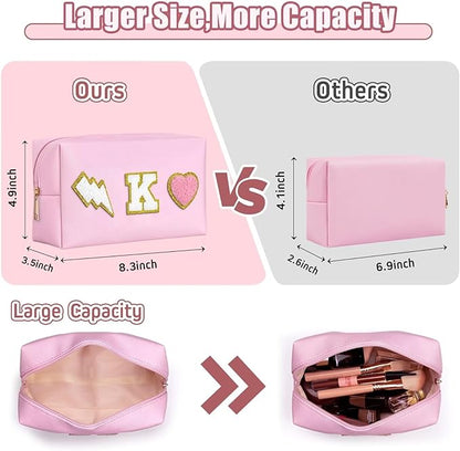 TOPEAST Preppy Makeup Bag for Women, Personalized with Initial, Chenille Letter, PU Leather, 8.3x5.1x3.5 in, Pink