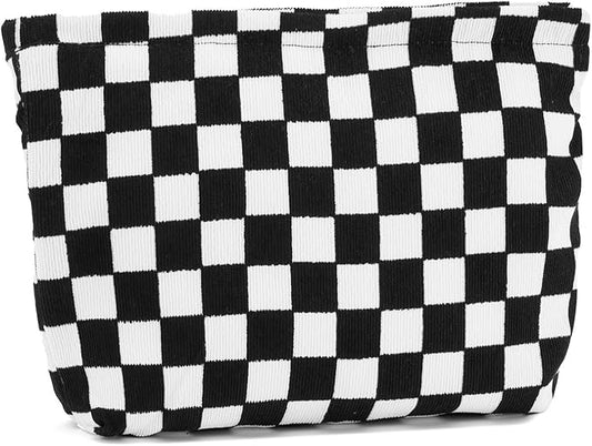 WOZEAH Corduroy Makeup Bag for Purse Small Cosmetic Pouch,Stylish Zipper Make up Pouch Travel Canvas Toiletry Bags(Black Checkered)