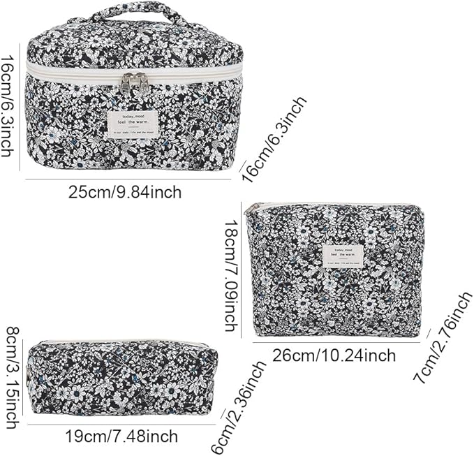 Quilted Makeup Bag Set 3 Pcs Cotton Cute Makeup Bags For Women Large Aesthetic Floral Cosmetic Bag Coquette Flower Makeup Pouch