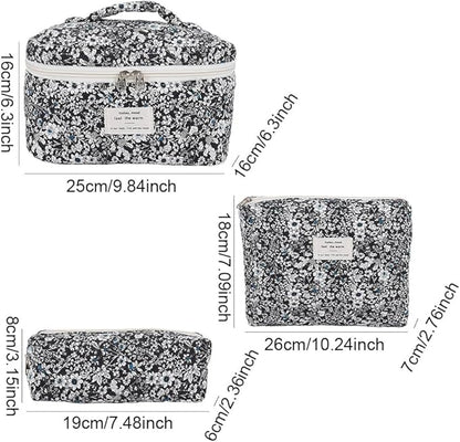 Quilted Makeup Bag Set 3 Pcs Cotton Cute Makeup Bags For Women Large Aesthetic Floral Cosmetic Bag Coquette Flower Makeup Pouch