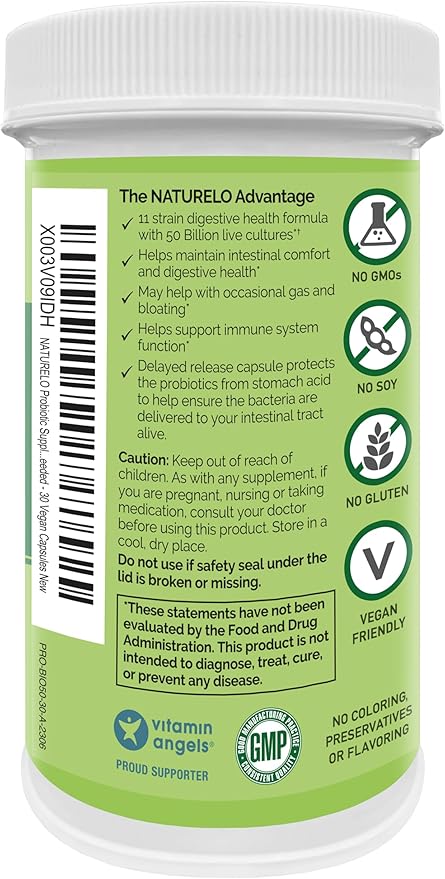 NATURELO Probiotics for Digestive Health - 50 Billion CFU, 11 Strains Daily Supplement - Boosts Immune System, Delayed Release, 30 Vegetarian Capsules