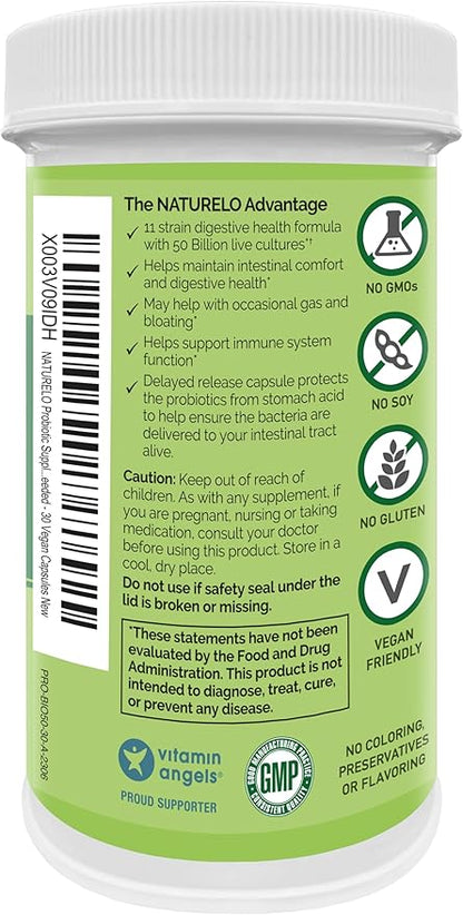 NATURELO Probiotics for Digestive Health - 50 Billion CFU, 11 Strains Daily Supplement - Boosts Immune System, Delayed Release, 30 Vegetarian Capsules