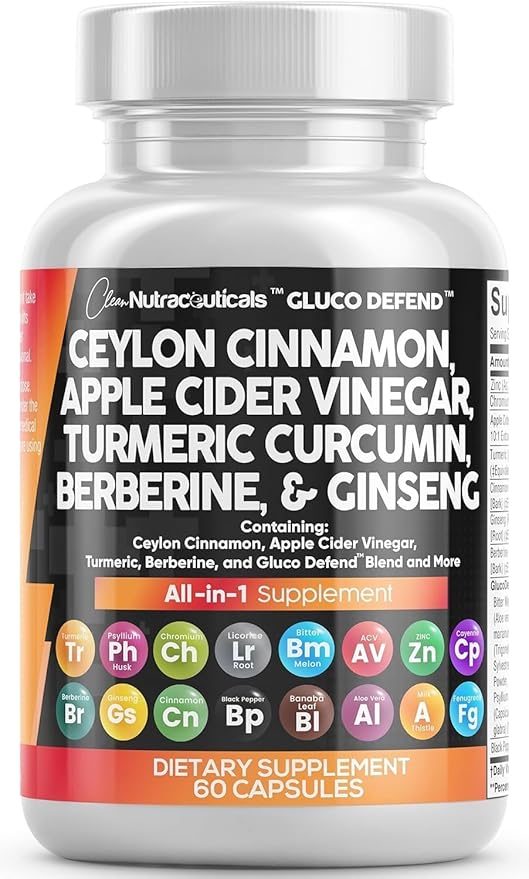 Clean Nutraceuticals Ceylon Cinnamon Turmeric Apple Cider Vinegar Ginseng Berberine Plus Bitter Melon Gymnema Milk Thistle Fenugreek