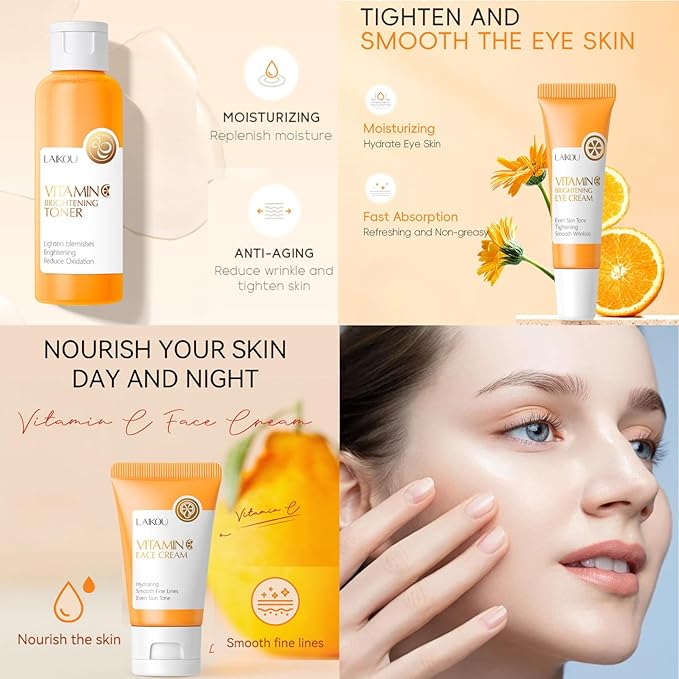 Skin Care Kit Vitamin C Women Gifts - Travel Essentials - 4PCS Antioxidant Facial Skin Care Products with Toner, Serum, Face & Eye Cream - Skincare for Girls 10-12(One Size, 4PCS Vitamin C Scent)