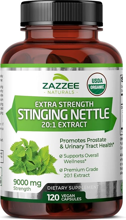 Zazzee USDA Organic Stinging Nettle 20:1 Extract, 9000 mg Strength, 120 Vegan Capsules, 4 Month Supply, Concentrated, Standardized 20X Extract, Certified Organic, 100% Vegetarian, All-Natural, Non-GMO