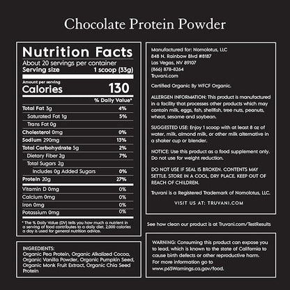 Truvani Vegan Pea Protein Powder | Chocolate | 20g Organic Plant Based Protein | 20 Servings | Keto | Gluten & Dairy Free | Low Carb | No Added Sugar