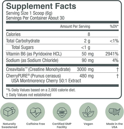 German Micronized Creatine + USA Tart Cherry + Vitamin B6 - Pre and Post Workout Supplement for Women & Men, Tart Cherry Lime Flavor, Caffeine-Free Nourishment for Body and Brain