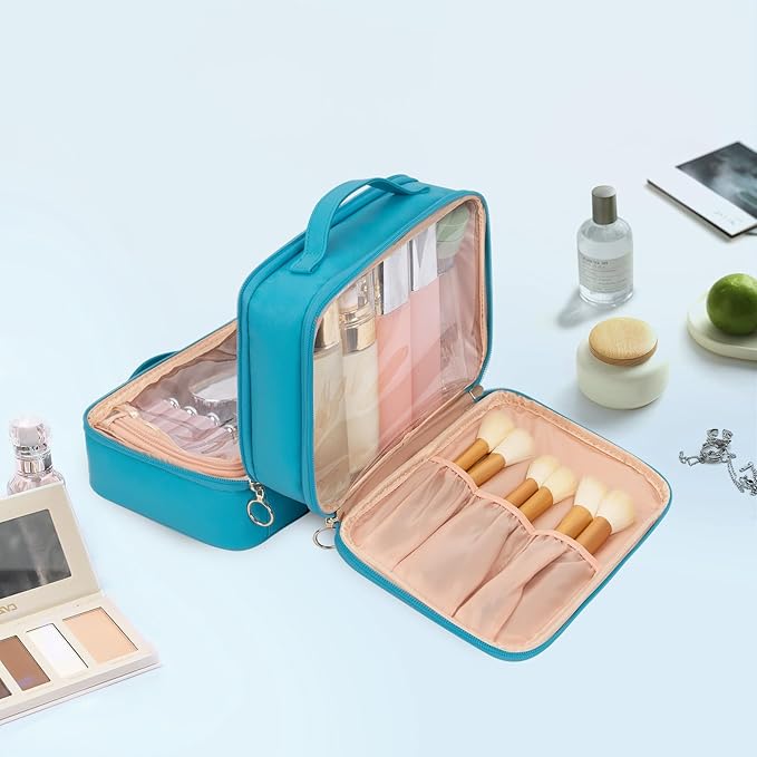 OCHEAL Makeup Bag, Double Layer Cosmetic Bag, Large Capacity New Look Clear Cosmetic Case for Women Travel Beauty Essentials, Multiple Compartments Makeup Case Organizer Zipper Pouch -Blue