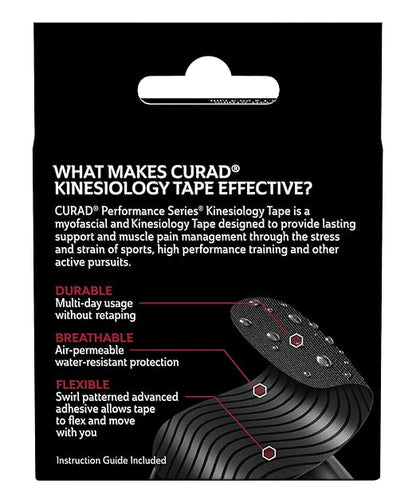 CURAD Performance Series IRONMAN Kinesiology Tape, Pain Management Technology, Sweat & Water-Resistant Athletic Tape, Compression Support for Joints & Muscles, Black, 2 x 10 inches, 1 Roll (20 Strips)