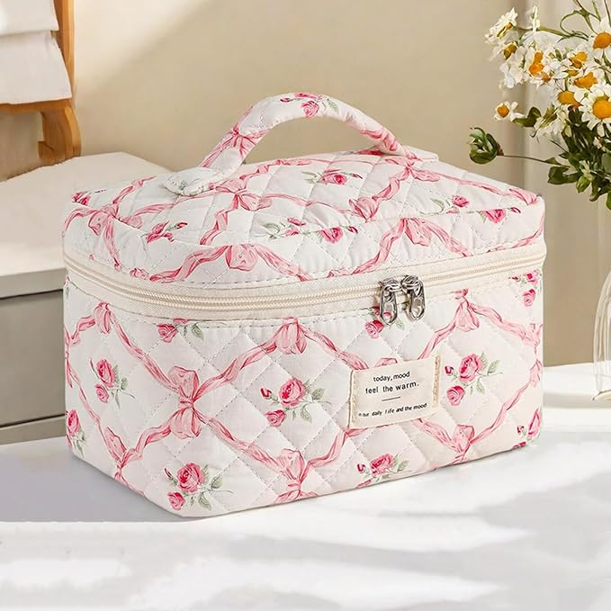Quilted Makeup Bag,Bow Makeup Bag,Cotton Makeup Bag Set for Women,Travel Makeup Bag,Large Toiletry Cosmetic Bag Makeup Bag Organizer for Women Girls (P2-1PC)
