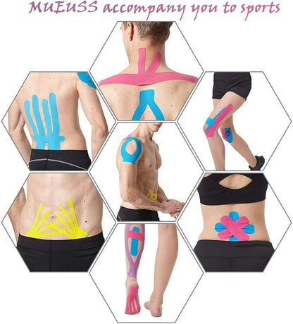 MUEUSS Kinesiology Tape Elastic Cotton Athletic Tape Precut Strips,Waterproof Tape for Protects Muscles,Knees,Shoulders Plantar Fasciitis Pain Relief,Pregnancy Belly Tape (2rolls Dark Blue&Light Blue)