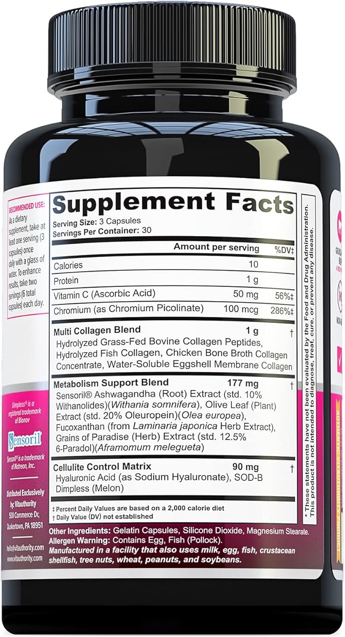Multi Collagen Burn: Multi-Type Hydrolyzed Protein Peptides with Hyaluronic Acid, Vitamin C, SOD B Dimpless, Types I, II, III, V and X Collagen, Caffeine-Free (Unflavored Capsules)
