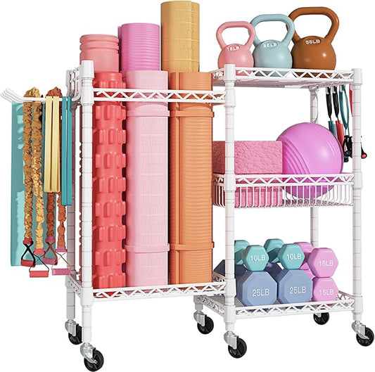 Home Gym Storage, 3 Tiers Workout Equipment Organizer with Wheels for Yoga Mats, Foam Roller, Dumbbells, Kettlebells, and Resistance Bands