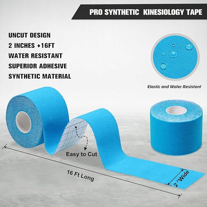 Pro Synthetic Kinesiology Tape 1 Roll, Athletic Sports Tape for Muscle Joint Support, Pain Relief for Knee Elbow Wrist Ankle Plantar Fasciitis, 2 in x 16.4 Ft, Light Blue