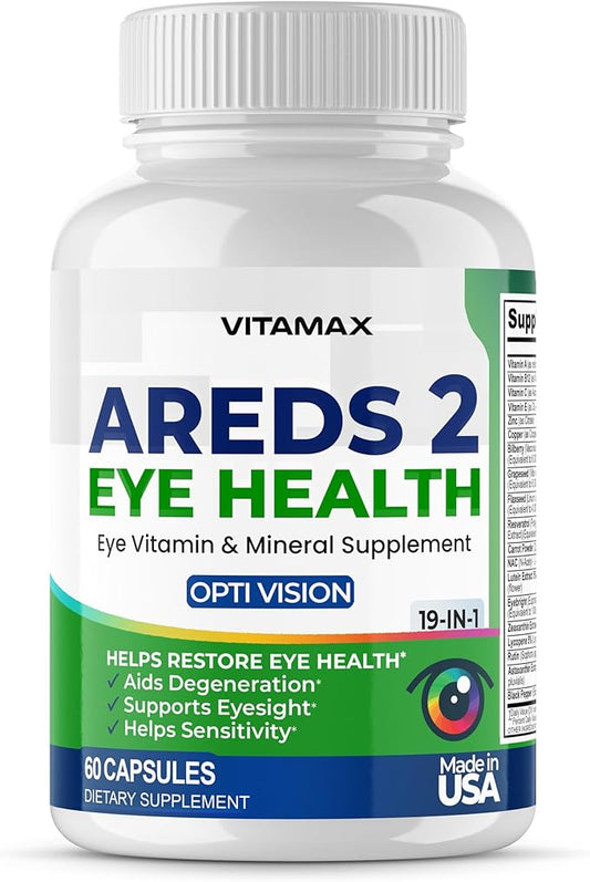 AREDS 2 Eye Vitamins - Lutein, Zeaxanthin, Bilberry, Astaxanthin Mineral Vision Supplement - Supports Eye Strain, Dry Eyes, Pressure, and Vision Health - Made in USA (60ct (Pack of 1))