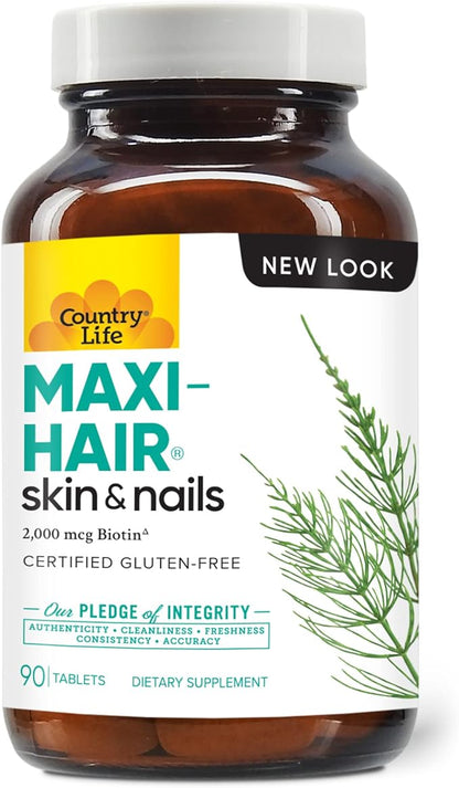 Country Life Maxi-Hair Supplement - 2000mcg Biotin & Vitamins for Hair, Skin & Nails - Certified Gluten-Free & Vegetarian - Supports Hair Growth, 90 Tablets