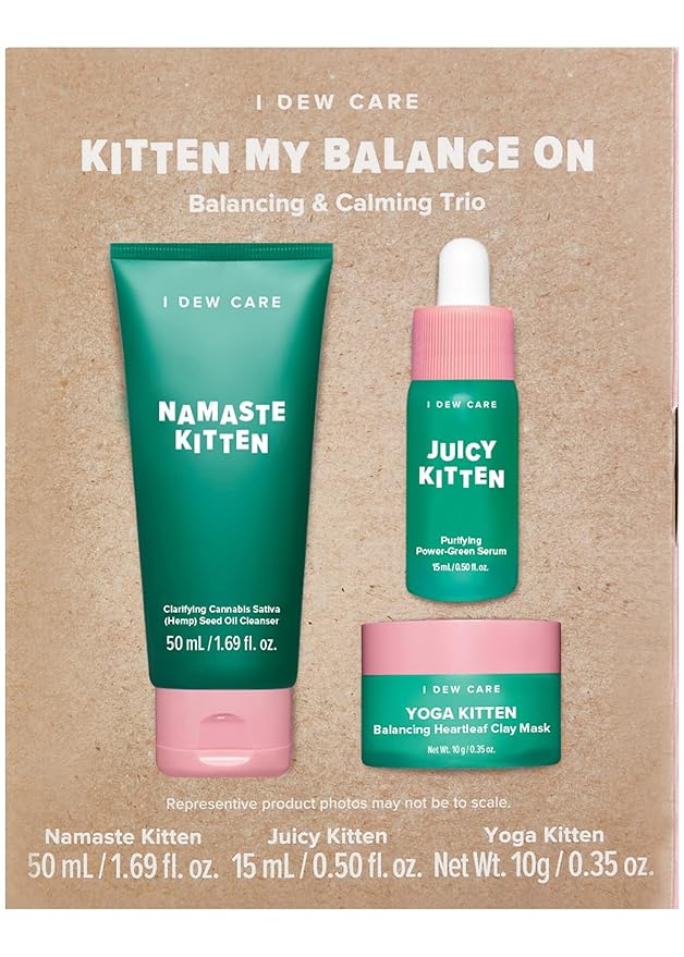I Dew Care Skin Care Set - Kitten My Balance On + Skincare Set - Vitamin To Glow Pack | Illuminating Vitamin C Trio with Niacinamide, Travel Size, Cream, Lip Mask, Serum Bundle