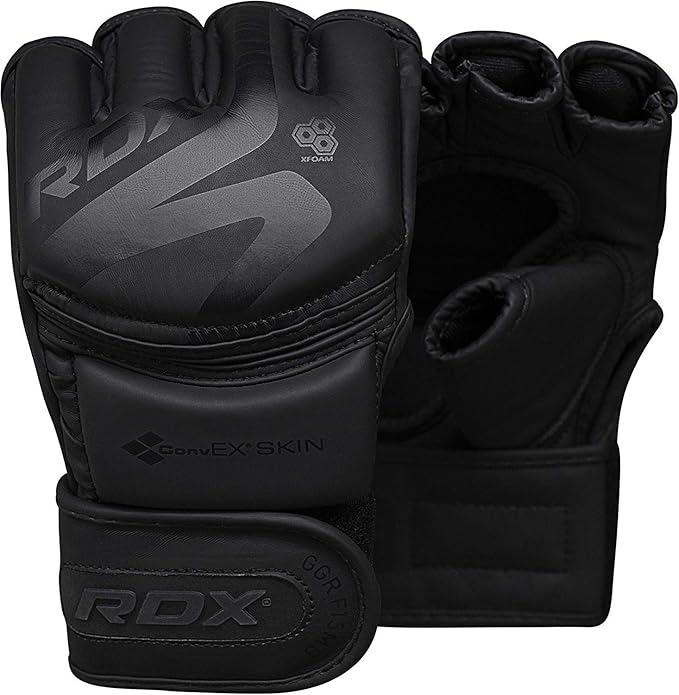 RDX MMA Gloves Noir, Maya Hide Leather, Ventilated Open D-Cut Palm, Padded Grappling Sparring Mitts, Cage Fighting Kickboxing Mixed Martial Arts Muay Thai Training, Punching Bag Pads Workout, Black