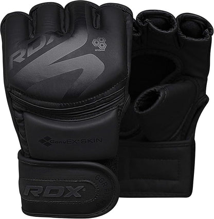 RDX MMA Gloves Noir, Maya Hide Leather, Ventilated Open D-Cut Palm, Padded Grappling Sparring Mitts, Cage Fighting Kickboxing Mixed Martial Arts Muay Thai Training, Punching Bag Pads Workout, Black