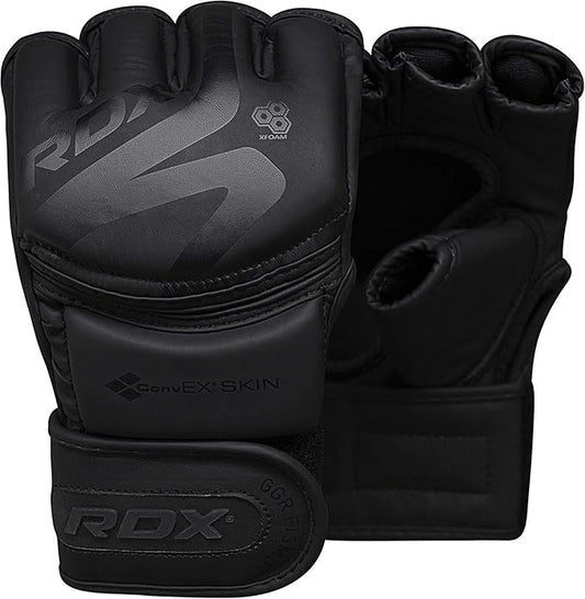 RDX MMA Gloves Noir, Maya Hide Leather, Ventilated Open D-Cut Palm, Padded Grappling Sparring Mitts, Cage Fighting Kickboxing Mixed Martial Arts Muay Thai Training, Punching Bag Pads Workout, Black