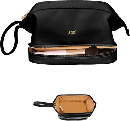NGIL Faux Leather Cosmetic Bag for Women, Makeup Bag Organizer, Makeup Brush Storage, Portable Travel Bag for Toiletries (Solid, Black, Medium)