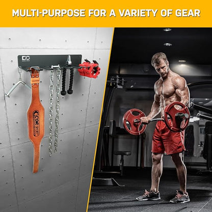 Double Circle Gym Equipment Storage Rack - Multi Purpose Gym Equipment Wall Rack Hanger for Pro Home Gym Storage for Exercise Bands, Barbell Bar, Jump Ropes, Chains, Lifting Belts (17" - Hooks)