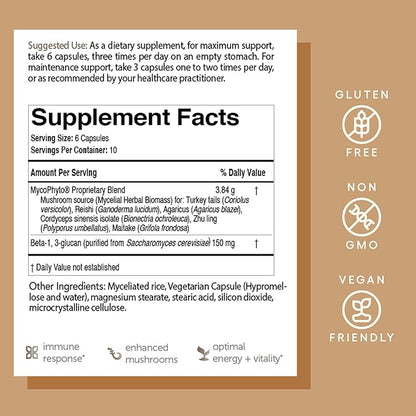 EcoNugenics MycoPhyto Complex: Mushroom Supplement for Intensive Immune Support – 60 Capsules – Includes Turkey Tail, Reishi, Cordyceps, Maitake & More – Energy, Gut Health & Nootropic Brain Support