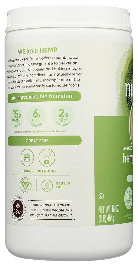 Nutiva Organic Cold-Pressed Raw Hemp Seed Protein Powder, Peak Protein, 16 Oz, USDA Organic, Non-GMO, Whole 30 Approved, Vegan, Gluten-Free & Keto, Plant Protein with Essential Amino Acids