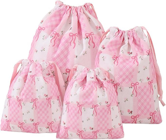 LYDZTION 4pcs Floral Drawstring Makeup Bags Pouches For Purse, Small Canvas Cloth Gift Bags Pouch For Cosmetics Jewerlry Home Travel Storage,Flower Bow