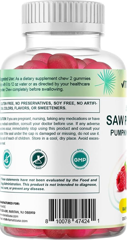 Vitamatic Sugar Free Saw Palmetto with Pumpkin Seed - 3000 mg Equivalent per Serving - Natural Raspberry Flavor - 60 Count