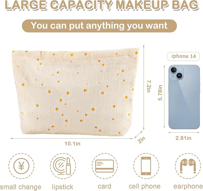 Daisy Flower Makeup Bag Travel Large Floral Cosmetic Bags for Women Cute Makeup Pouch Zipper Cosmetic Pouch for Purse Aesthetic White Makeup Organizer Bag Portable Toiletry Bag