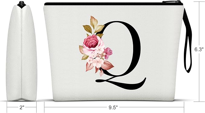 Vavabox A-Z Personalized Makeup Bag, Birthday Gifts for Women Mom, Gifts for Best Friend, Bride Bridesmaid Cosmetic bag (Q, White)
