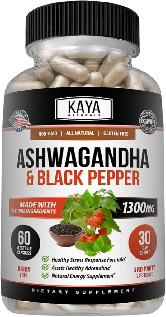 Kaya Naturals Organic Ashwagandha Capsules Extra Strength - Stress Relief Formula, Natural Mood Support, Stress, Focus, and Energy Support Supplement, 60 Capsules
