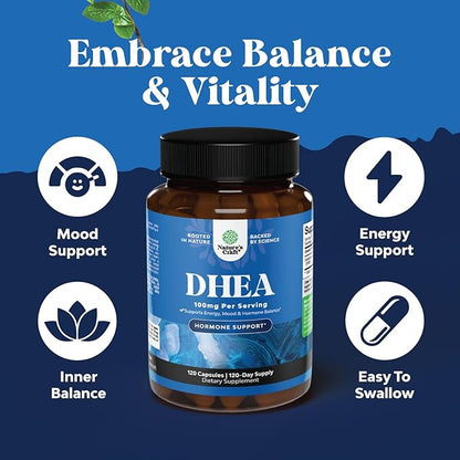 DHEA 100mg for Men and Women - Vegan High Strength DHEA Supplement for Women & Men for Enhanced Energy and Hormone Balance for Women & Men - Men and Womens Hormone Balance Supplement (4 Month Supply)