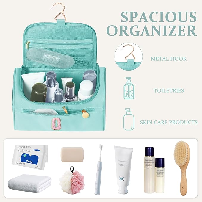 COSHAYSOO Summer Birthday Gifts for Women Her Beach Vacation Gift Ideas Personalized Travel Size Toiletries Organizer, Large Hanging Toiletry Bag Skincare Case Waterproof Traveling Teal Blue Letter O