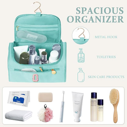 COSHAYSOO Summer Birthday Gifts for Women Her Beach Vacation Gift Ideas Personalized Travel Size Toiletries Organizer, Large Hanging Toiletry Bag Skincare Case Waterproof Traveling Teal Blue Letter O