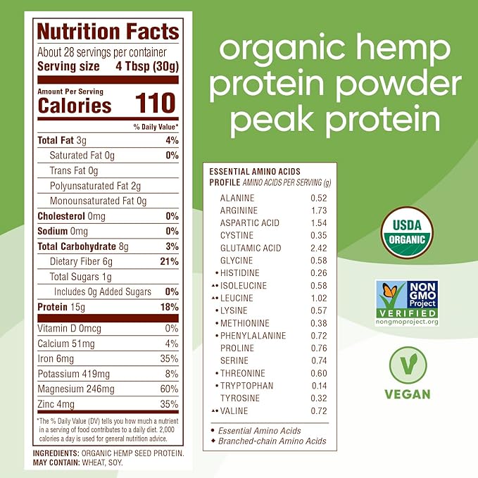 Nutiva Organic Cold-Pressed Raw Hemp Seed Protein Powder, Peak Protein, 30 Oz, USDA Organic, Non-GMO, Whole 30 Approved, Vegan, Gluten-Free & Keto, Plant Protein with Essential Amino Acids